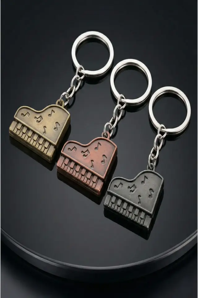 Kuyruklu Piyano Figürlü Antik Metal Anahtarlık | Müzik Notası Desenli | 3 Renk Seçeneği