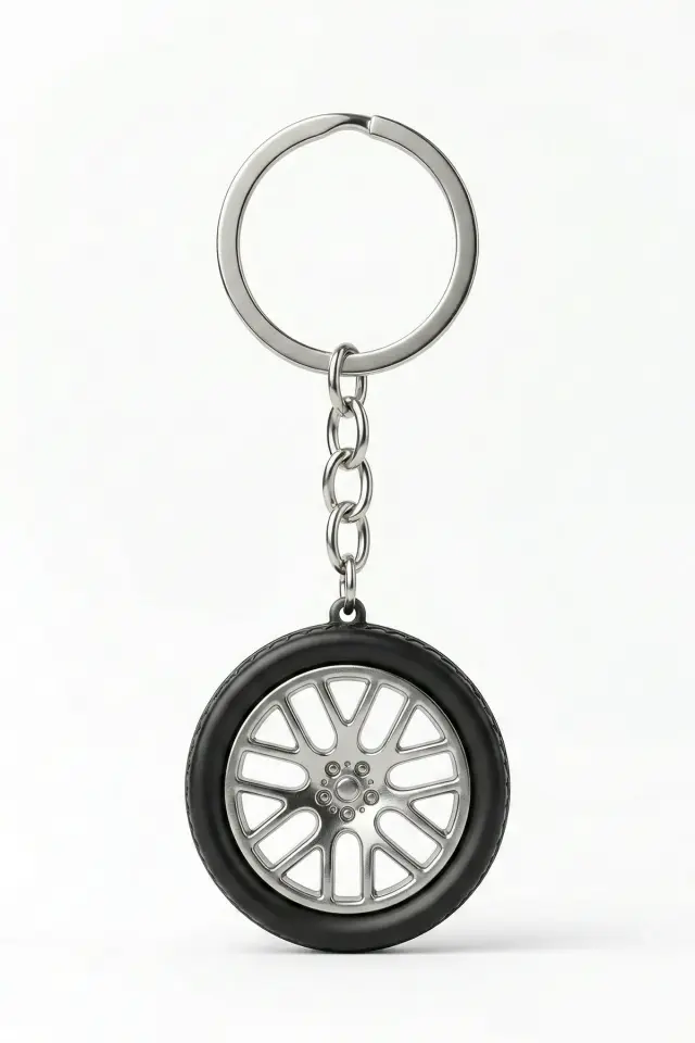 Gümüş Renk Metal Jant Tasarımlı Araba Anahtarlığı
