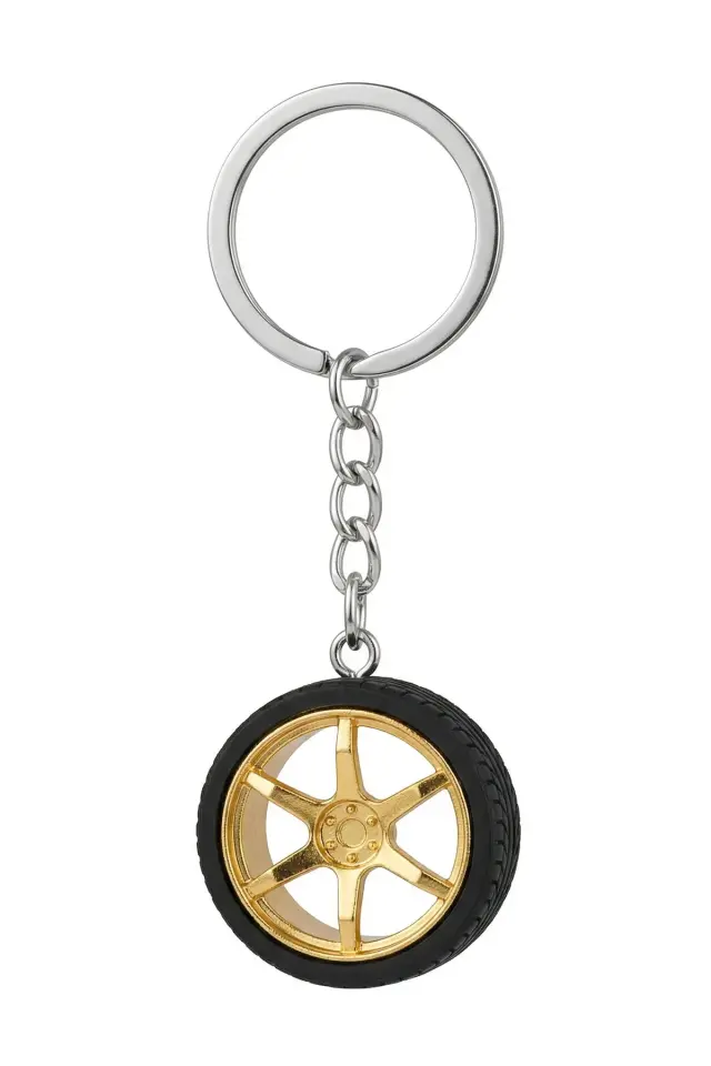 Altın Renkli Jant Tasarımlı Araba Lastiği Metal Anahtarlık - Hediyelik Oto Aksesuar