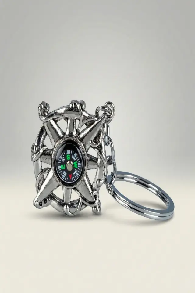 Gümüş Kaplama Antik Dümen Tasarımlı Çalışan Pusula Anahtarlık