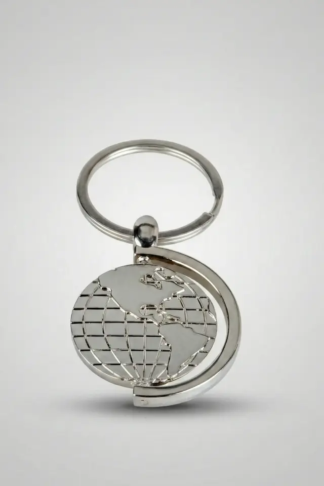 Dönen Dünya Figürlü Gümüş Renk Metal Anahtarlık