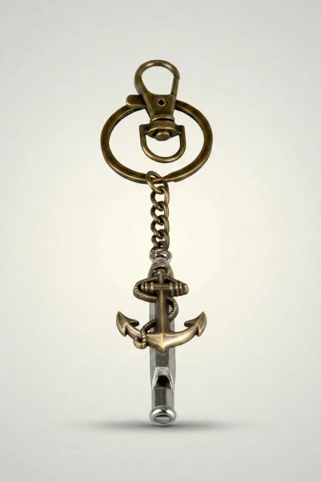 Antik Bronz Kaplama Denizci Düzeği Anahtarlık - Halatlı Çapa Figürlü Klipsli Düdük