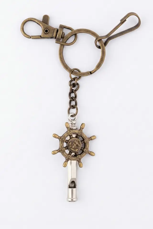 Nostaljik Denizci Dümeni ve Çapa Figürlü Düdüklü Metal Anahtarlık - Eskitme Bronz