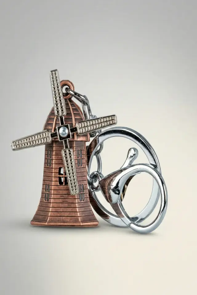 Hareketli Kanatlı Yel Değirmeni Figürlü Metal Anahtarlık - Eskitme Bakır