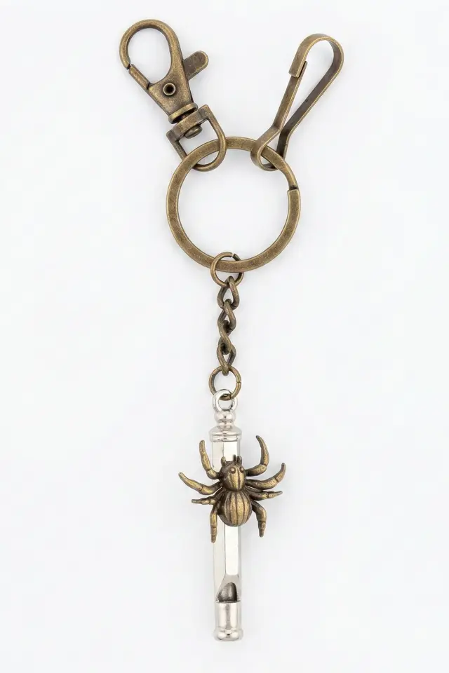 Örümcek Figürlü Düdüklü Metal Anahtarlık - Çift Kancalı Eskitme Bronz
