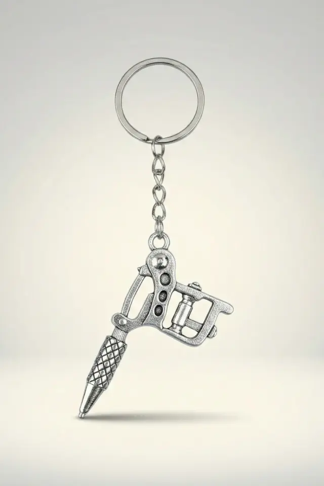 Dövme Makinesi Figürlü Metal Anahtarlık - Gümüş Renk Tattoo Aksesuar