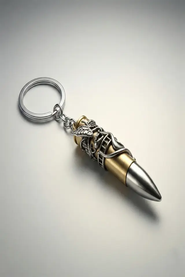 Yılan Sarılı Mermi Figürlü Metal Anahtarlık - Antik Altın ve Gümüş Kaplama