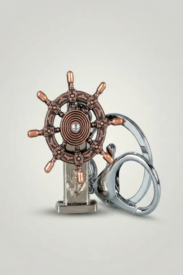 Gemi Dümeni Figürlü Eskitme Metal Anahtarlık - Denizci Aksesuarı