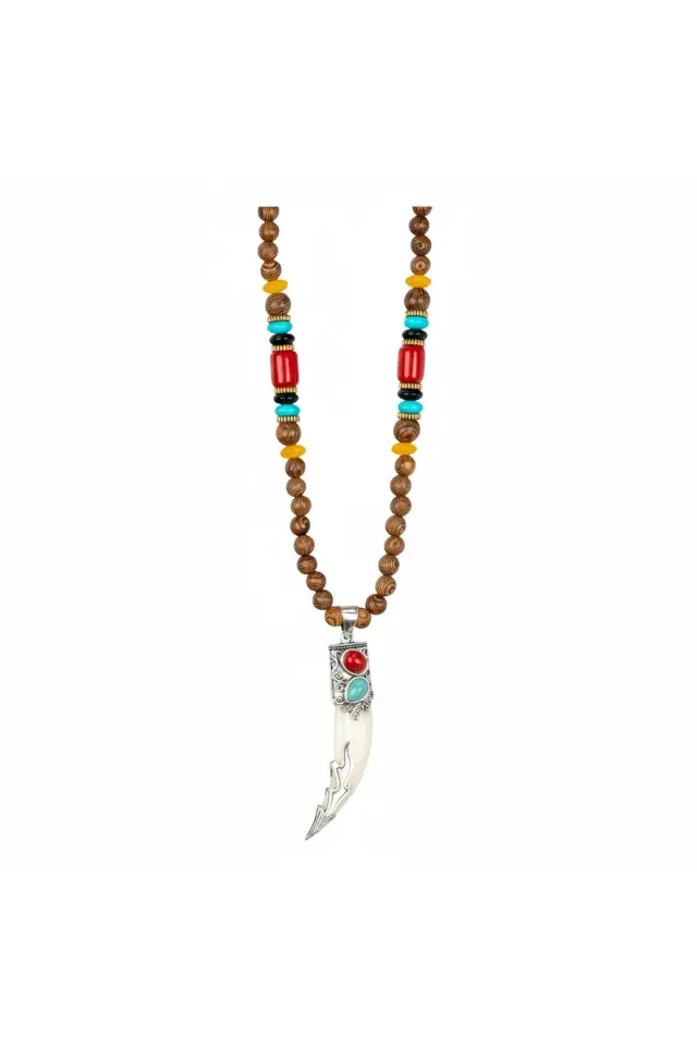 Etnik Ahşap Boncuklu Diş Kolye – Erkek Bohem Doğal Taş Kolye