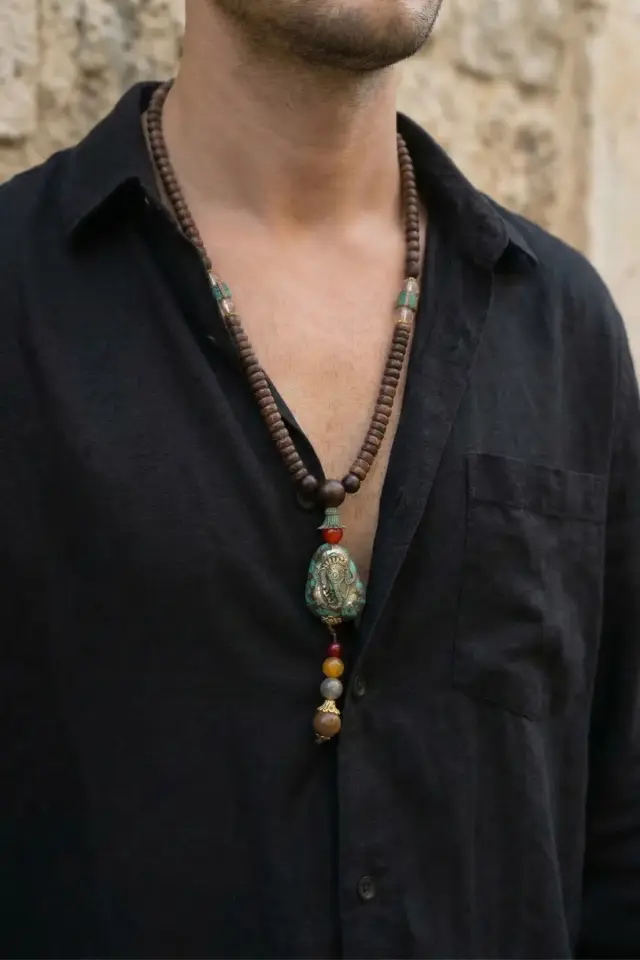 Erkek Bohem Etnik Kolye - Doğal Taşlı ve Ahşap Boncuklu Tasarım