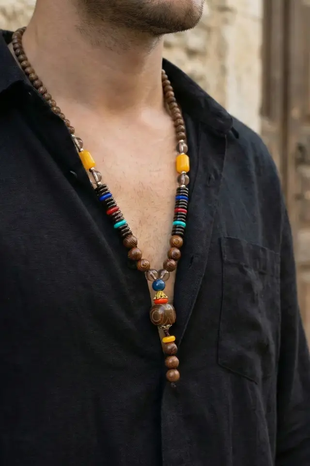 Erkek Tibet Tarzı Etnik Kolye - Renkli Ahşap ve Doğal Taşlı
