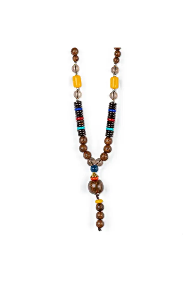 Erkek Tibet Tarzı Etnik Kolye - Renkli Ahşap ve Doğal Taşlı