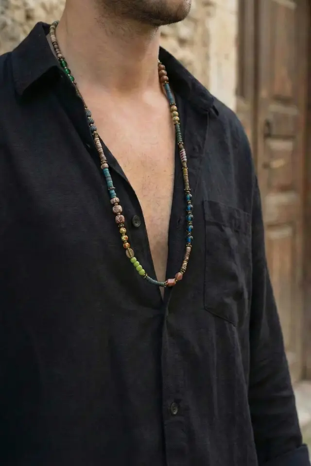 Erkek Asimetrik Etnik Kolye - El Yapımı Karma Boncuklu Tasarım