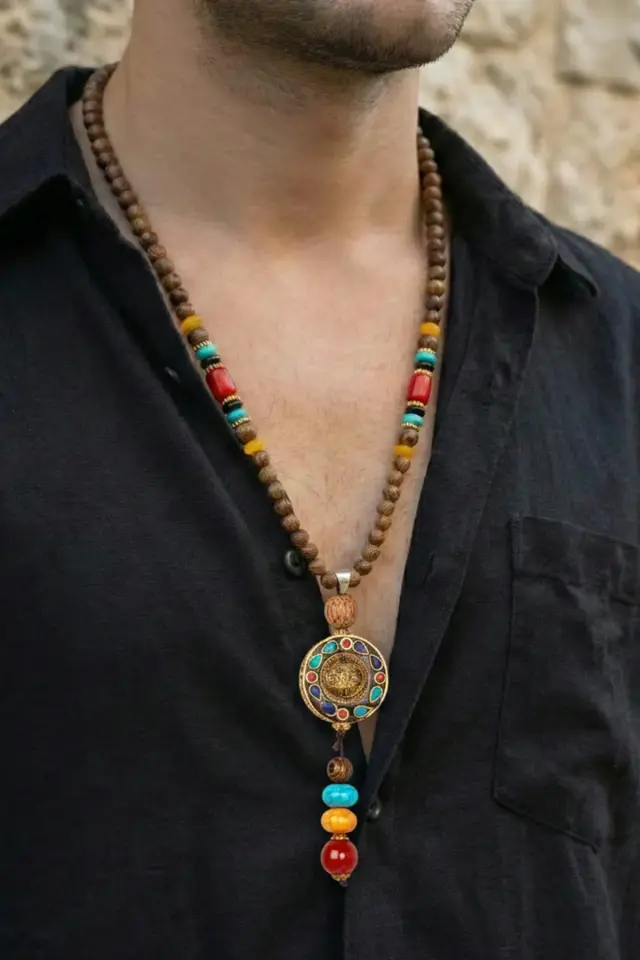 Erkek Etnik Mandala Kolye - Renkli Doğal Taşlı ve Ahşap Boncuklu