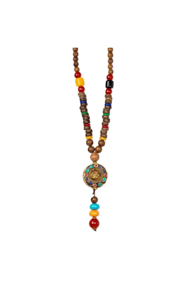 Erkek Etnik Mandala Kolye - Renkli Doğal Taşlı ve Ahşap Boncuklu