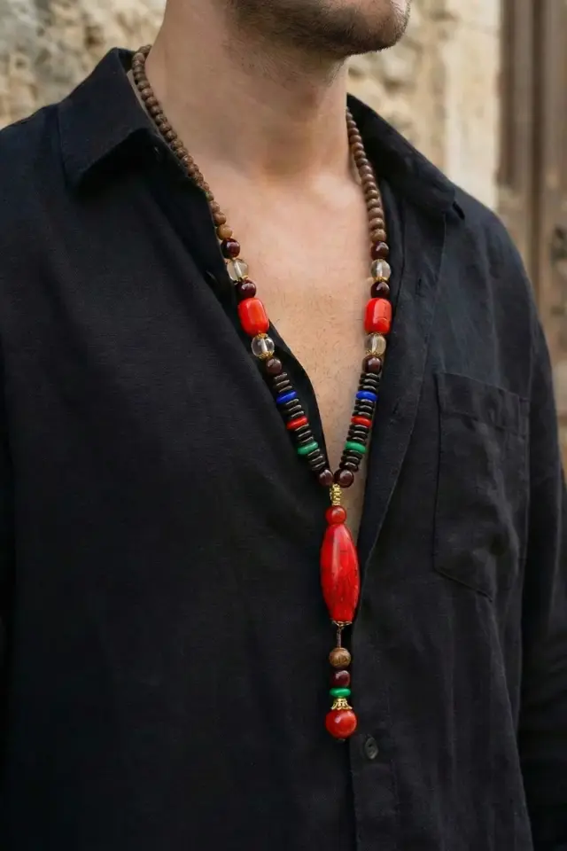 Kırmızı Doğal Taşlı Etnik Boho Erkek Kolye - El Yapımı Tasarım
