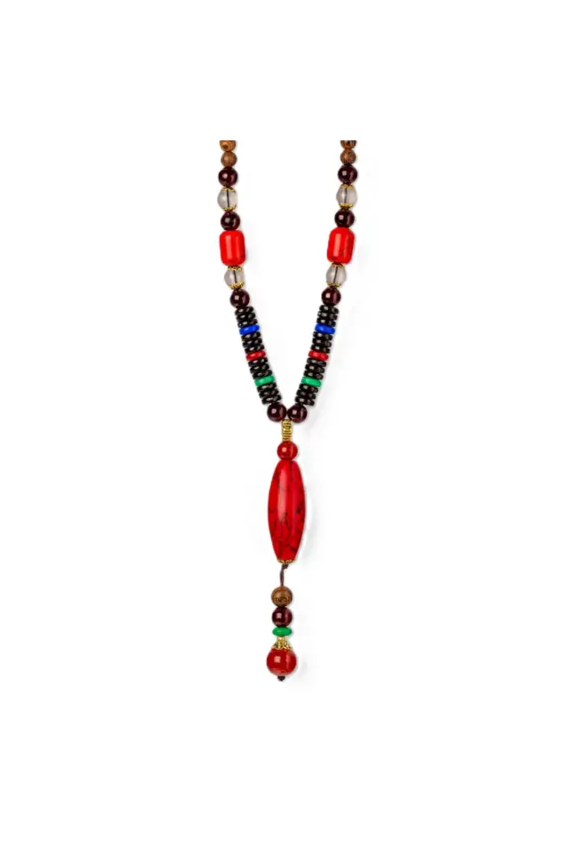 Kırmızı Doğal Taşlı Etnik Boho Erkek Kolye - El Yapımı Tasarım