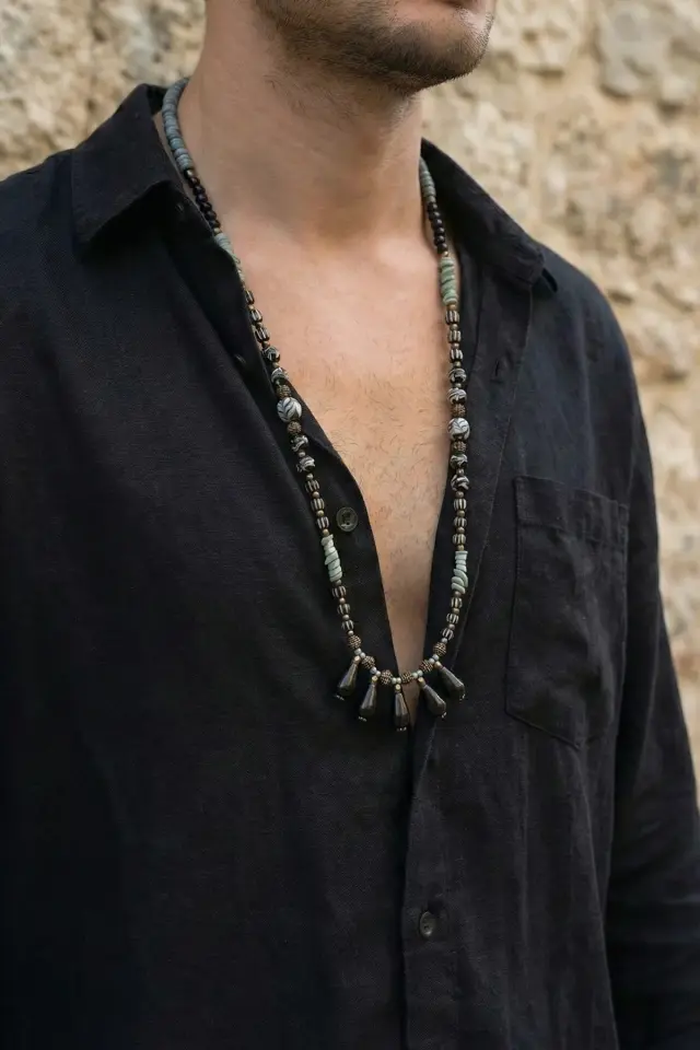 Siyah Damla Taşlı Etnik Erkek Kolye - Turkuaz Detaylı Bohem Tasarım