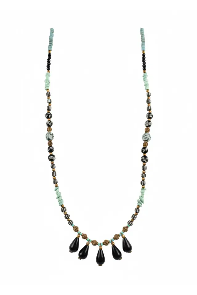 Siyah Damla Taşlı Etnik Erkek Kolye - Turkuaz Detaylı Bohem Tasarım