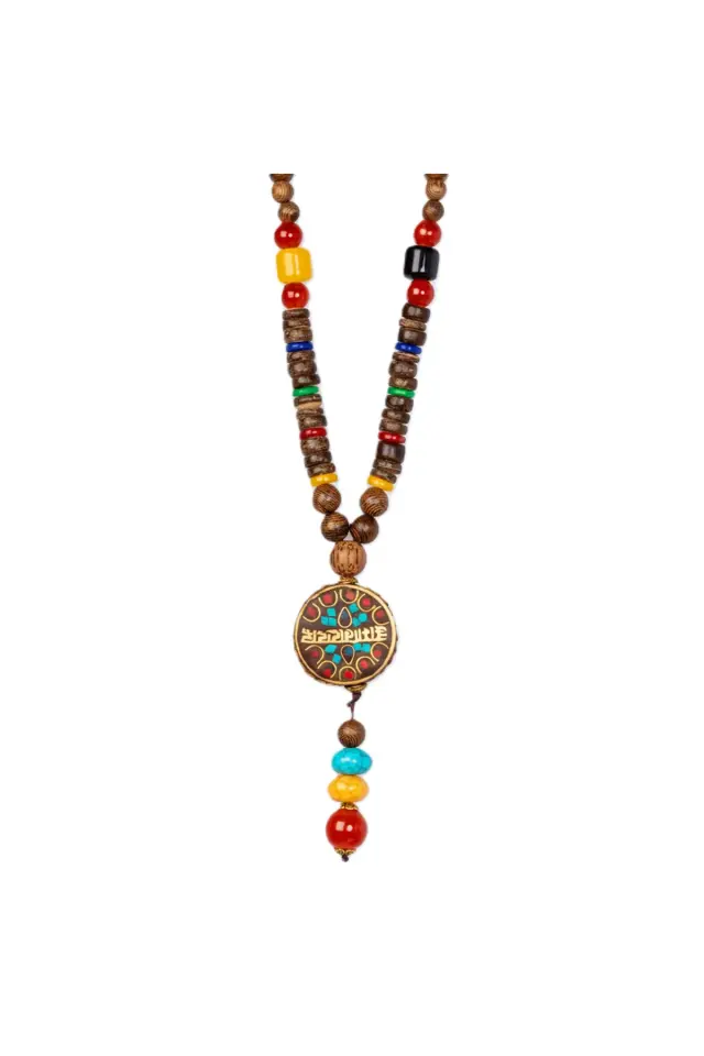 Tibet Desenli Madalyonlu Etnik Erkek Kolye - Çok Renkli Doğal Taşlı