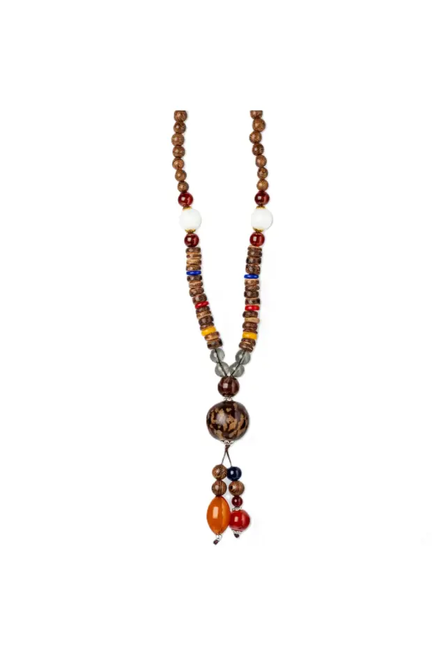 Ahşap Boncuklu ve Beyaz Taşlı Etnik Erkek Kolye - Bohem Tasarım