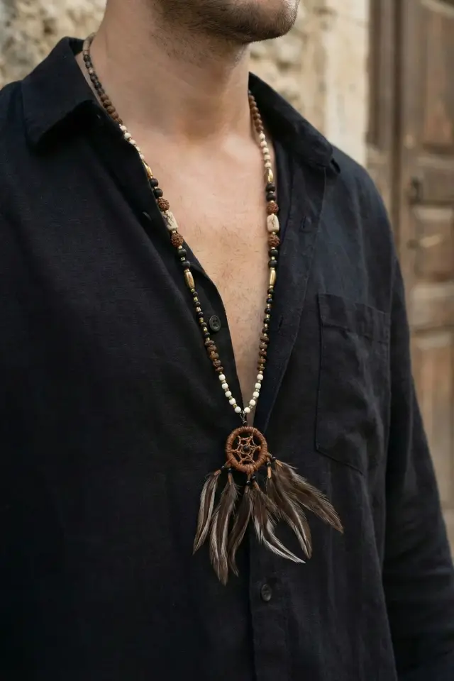 Rüya Kapanı Detaylı ve Tüylü Etnik Erkek Kolye - Bohem Tasarım