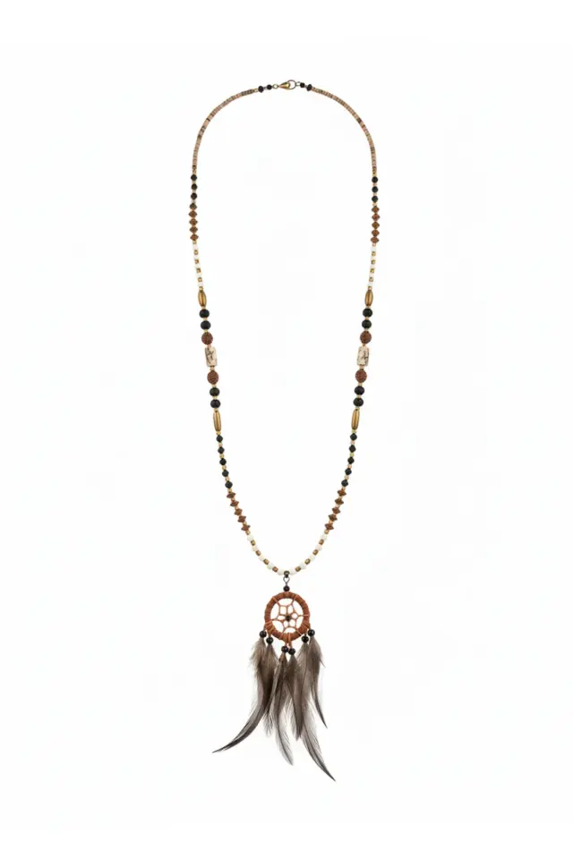 Rüya Kapanı Detaylı ve Tüylü Etnik Erkek Kolye - Bohem Tasarım