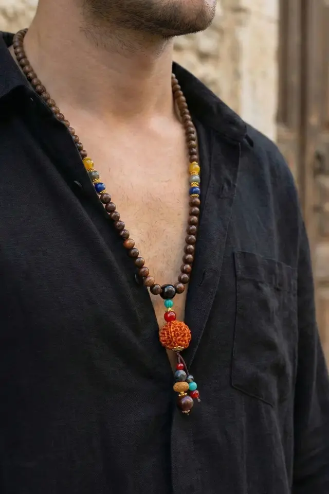 Turuncu Objeli Etnik Erkek Kolye - Bohem Takı