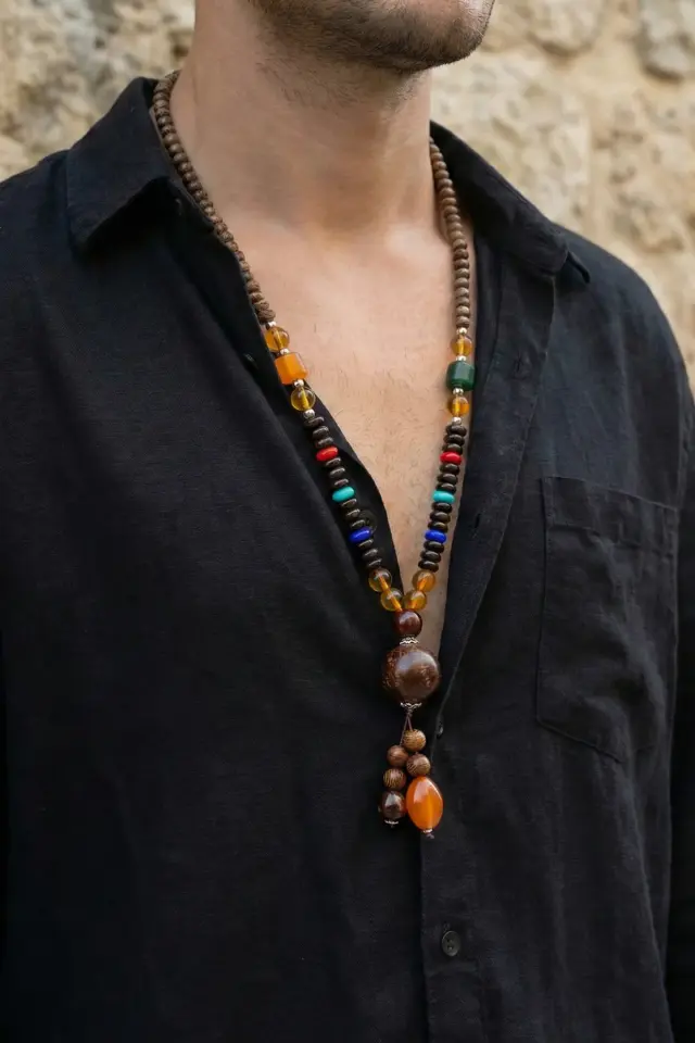 Ahşap Boncuklu ve Beyaz Taşlı Etnik Erkek Kolye - Bohem Tasarım