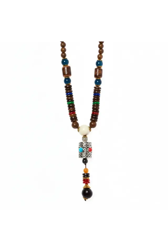 Gümüş İşlemeli Silindir Detaylı Etnik Erkek Kolye - El Yapımı