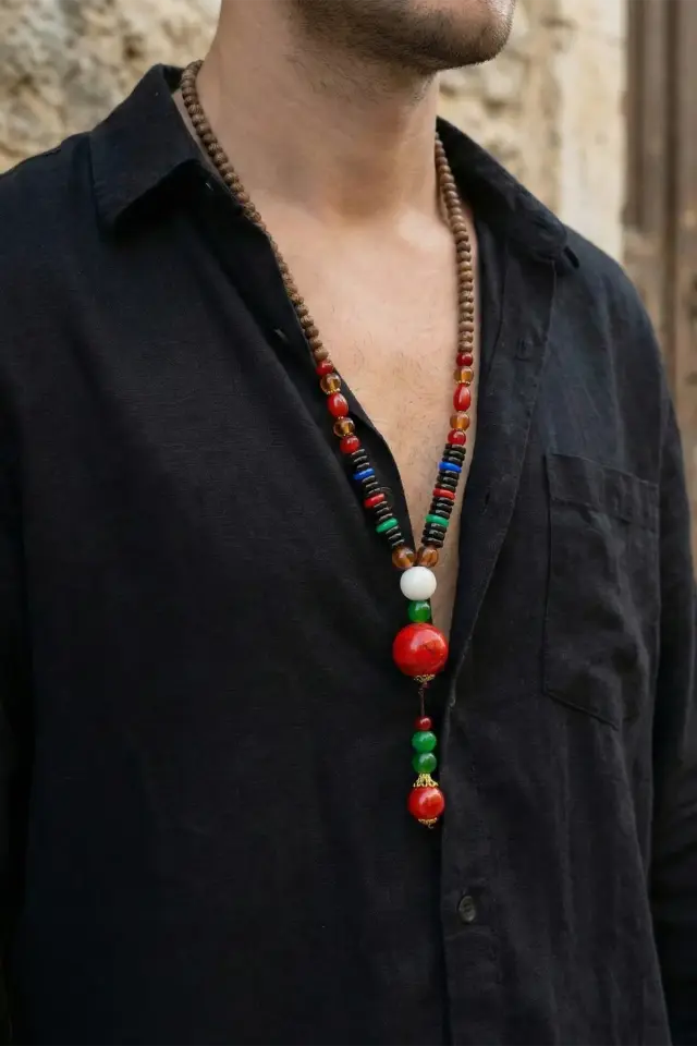 Kırmızı Doğal Taşlı Etnik Boho Erkek Kolye - El Yapımı Tasarım