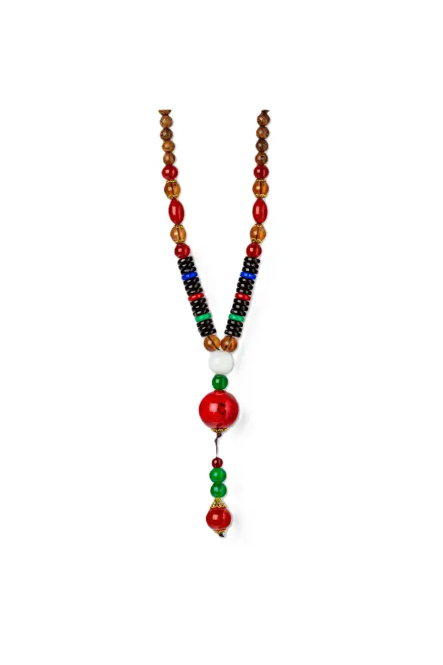 Kırmızı Doğal Taşlı Etnik Boho Erkek Kolye - El Yapımı Tasarım