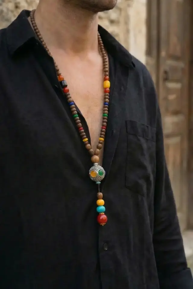 Gümüş İşlemeli  Etnik Erkek Kolye - El Yapımı