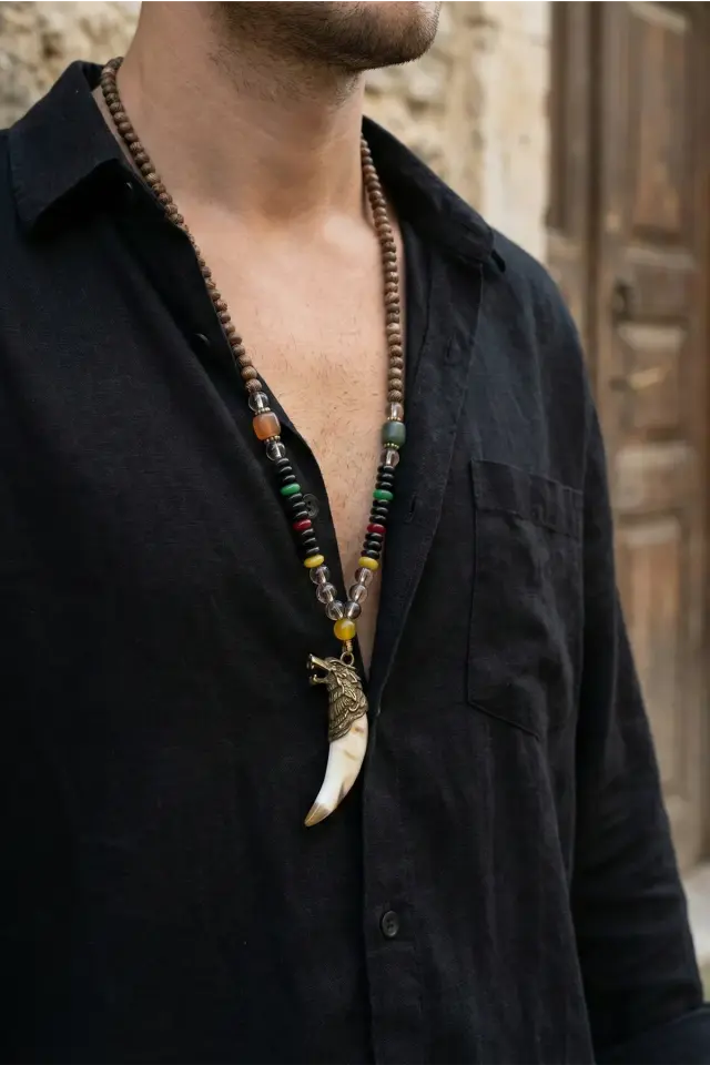 Kurt Dişi Figürlü Etnik Erkek Kolye - Bohem Ahşap Boncuklu Takı