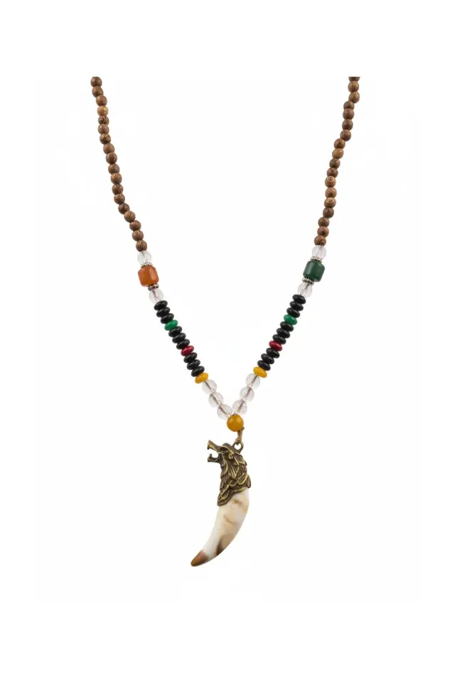 Kurt Dişi Figürlü Etnik Erkek Kolye - Bohem Ahşap Boncuklu Takı