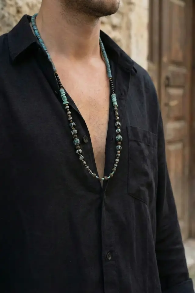 Erkek Asimetrik Etnik Kolye - El Yapımı Karma Boncuklu Tasarım