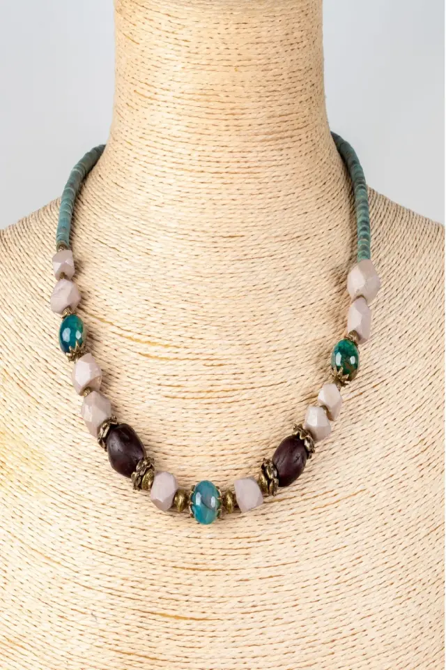 Doğal Taş ve Ahşap Detaylı Etnik Bohem El Yapımı Kolye