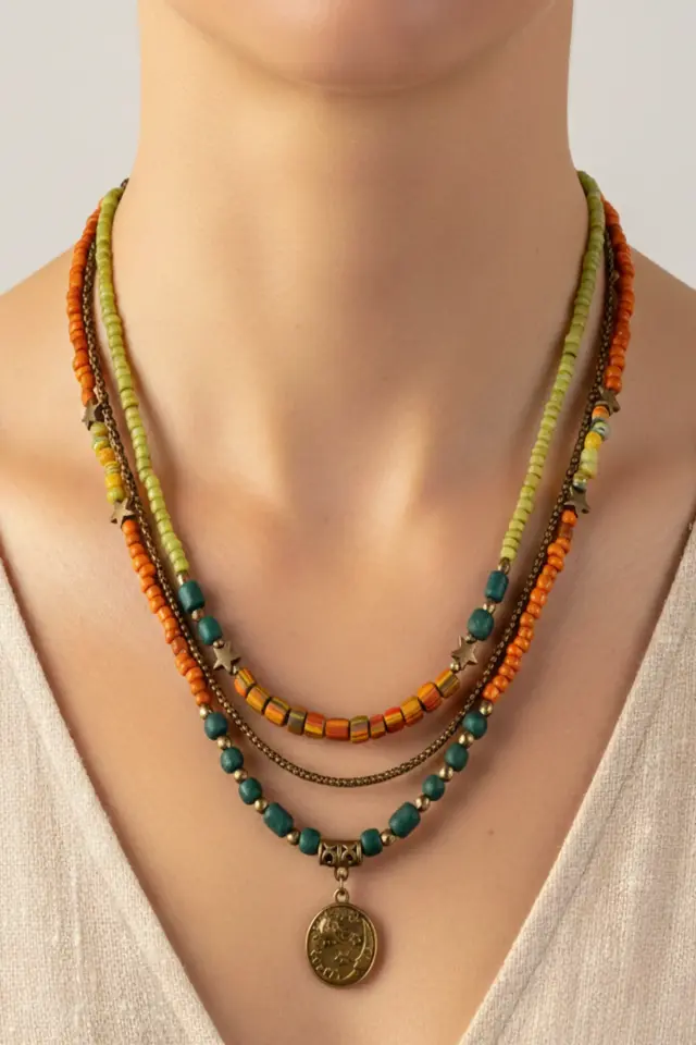 Doğal Taş ve Ahşap Detaylı Etnik Bohem El Yapımı Kolye