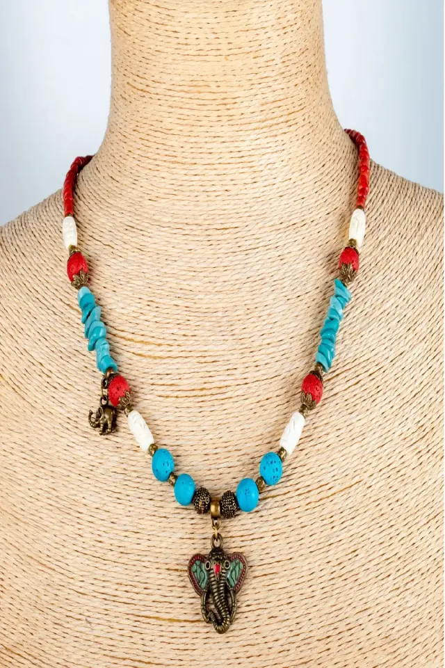 Doğal Taş ve Ahşap Detaylı Etnik Bohem El Yapımı Kolye