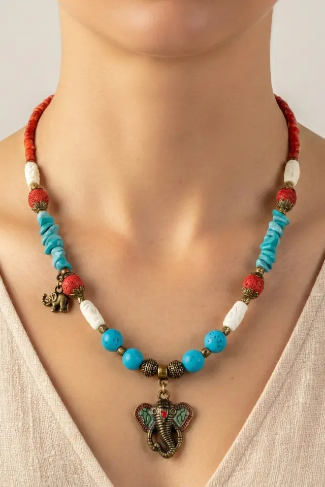 Doğal Taş ve Ahşap Detaylı Etnik Bohem El Yapımı Kolye