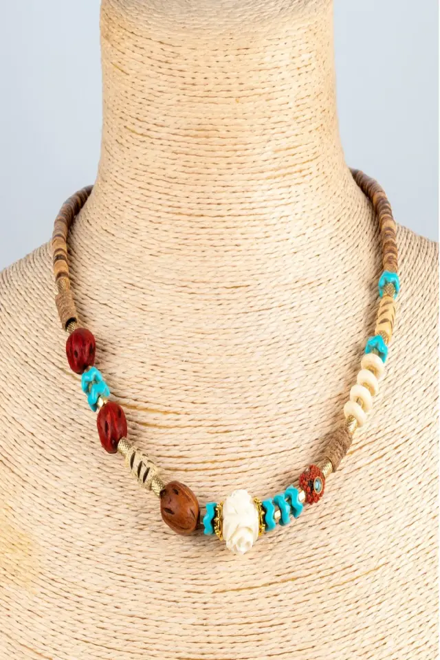 Doğal Taş ve Ahşap Detaylı Etnik Bohem El Yapımı Kolye