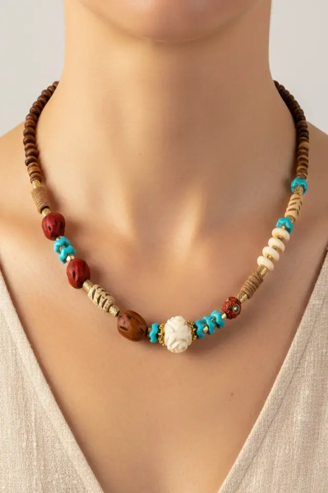 Doğal Taş ve Ahşap Detaylı Etnik Bohem El Yapımı Kolye