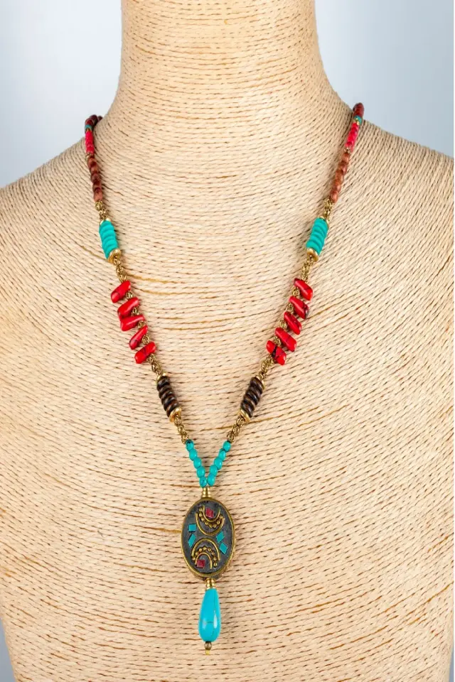 Antik Madalyonlu ve Turkuaz Damla Taşlı El Yapımı Etnik Kolye