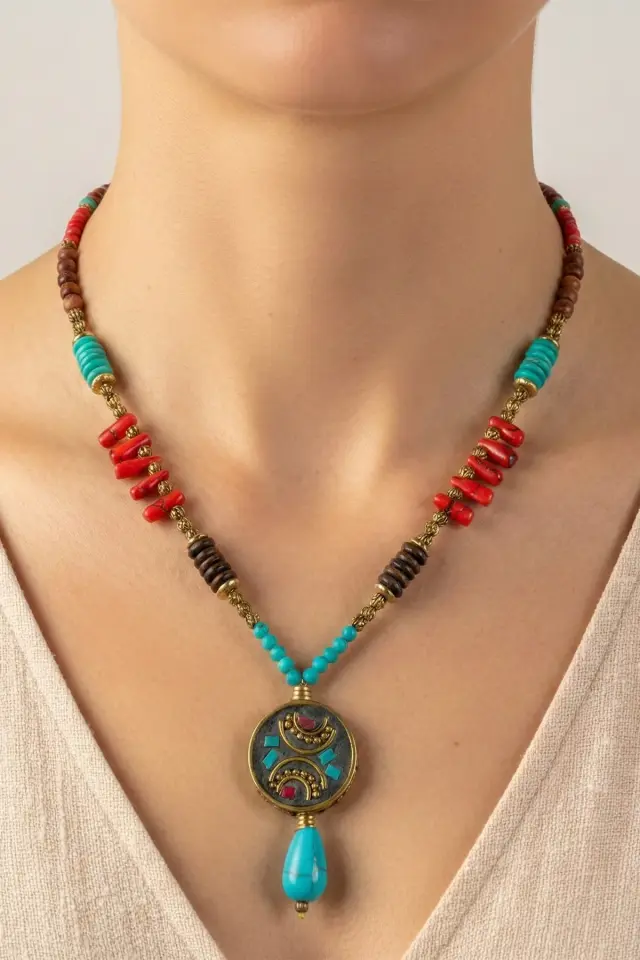 Antik Madalyonlu ve Turkuaz Damla Taşlı El Yapımı Etnik Kolye