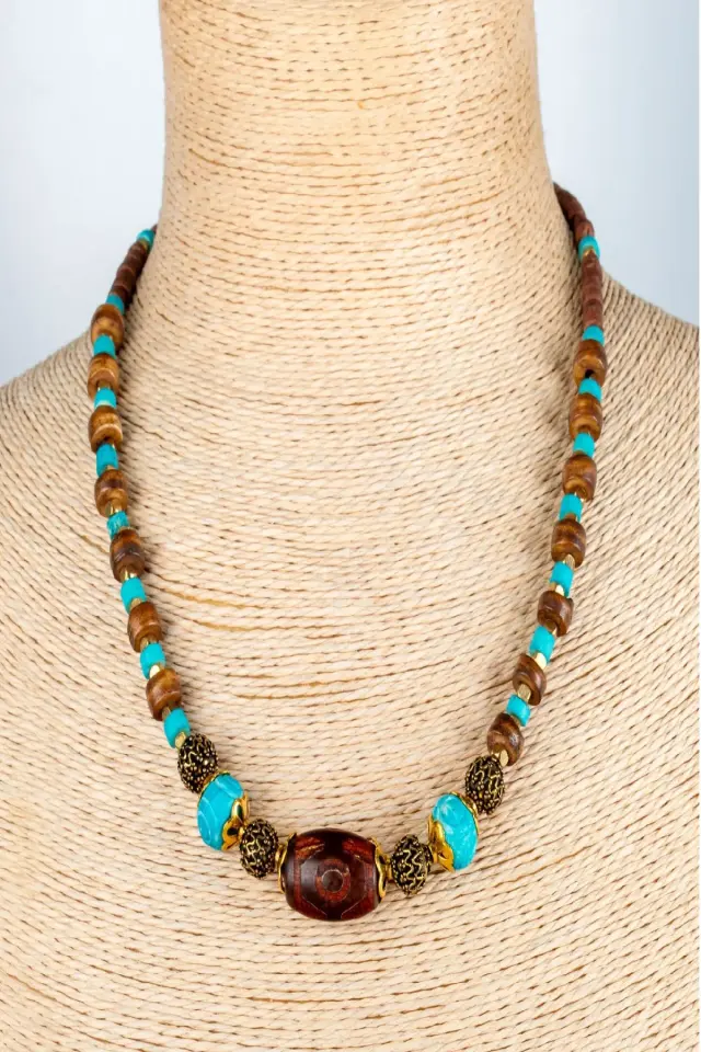 Doğal Taş ve Ahşap Detaylı Etnik Bohem El Yapımı Kolye