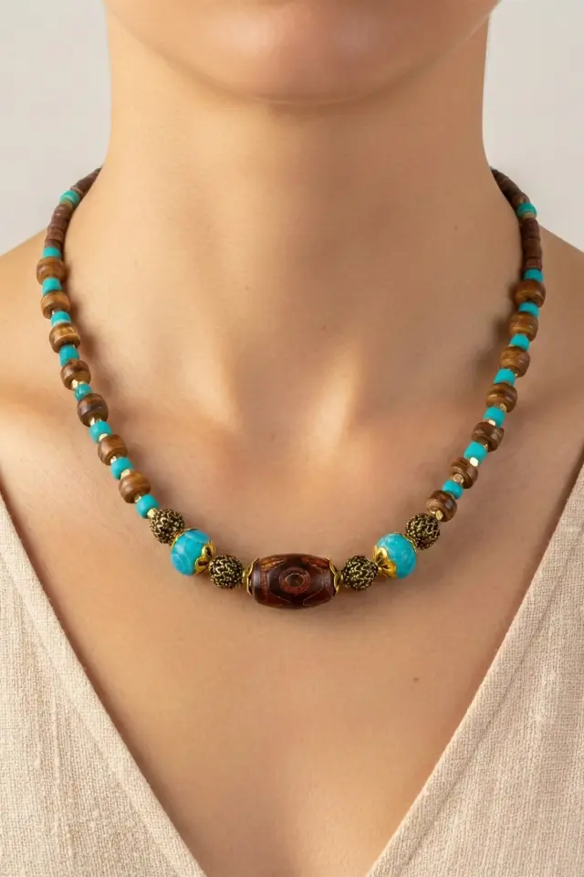 Doğal Taş ve Ahşap Detaylı Etnik Bohem El Yapımı Kolye