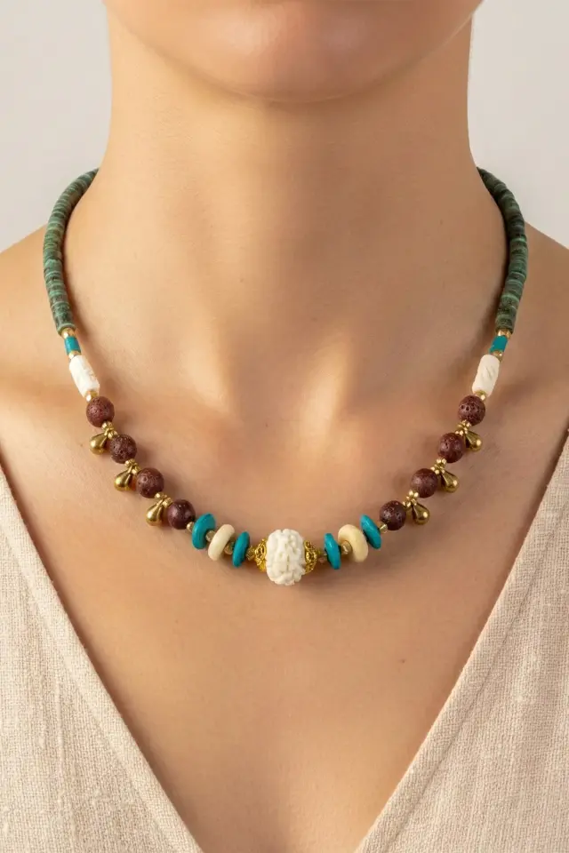 Doğal Taş ve Ahşap Detaylı Etnik Bohem El Yapımı Kolye