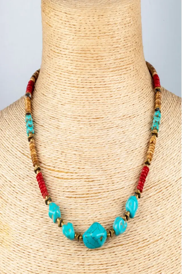 Doğal Taş ve Ahşap Detaylı Etnik Bohem El Yapımı Kolye