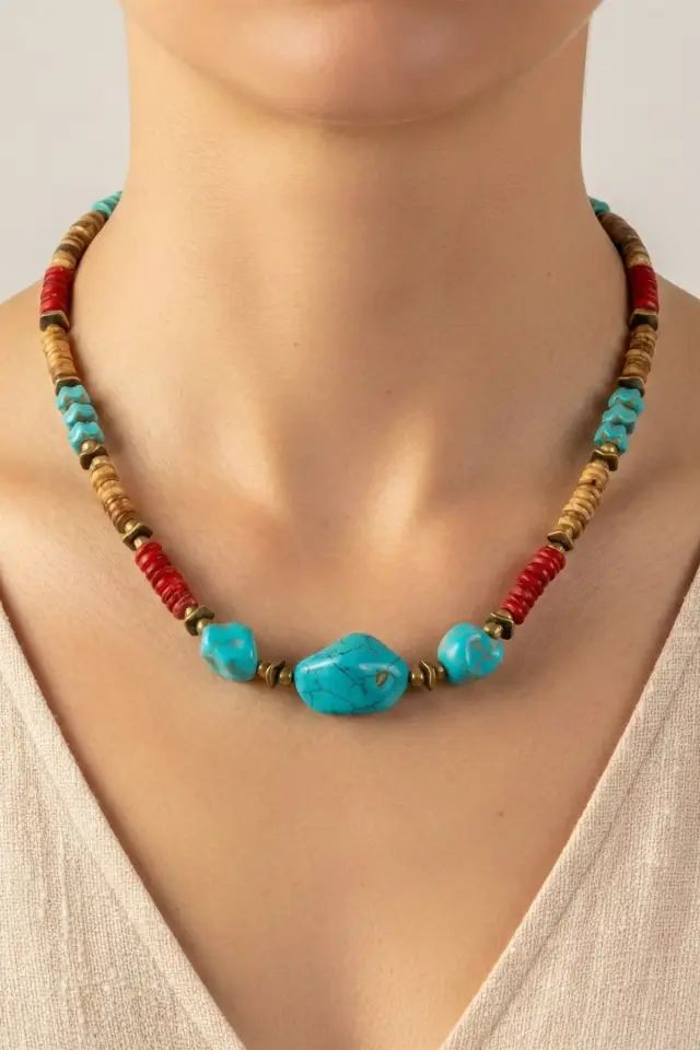 Doğal Taş ve Ahşap Detaylı Etnik Bohem El Yapımı Kolye