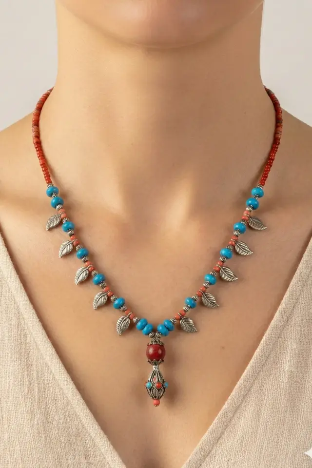 Doğal Taş ve Ahşap Detaylı Etnik Bohem El Yapımı Kolye